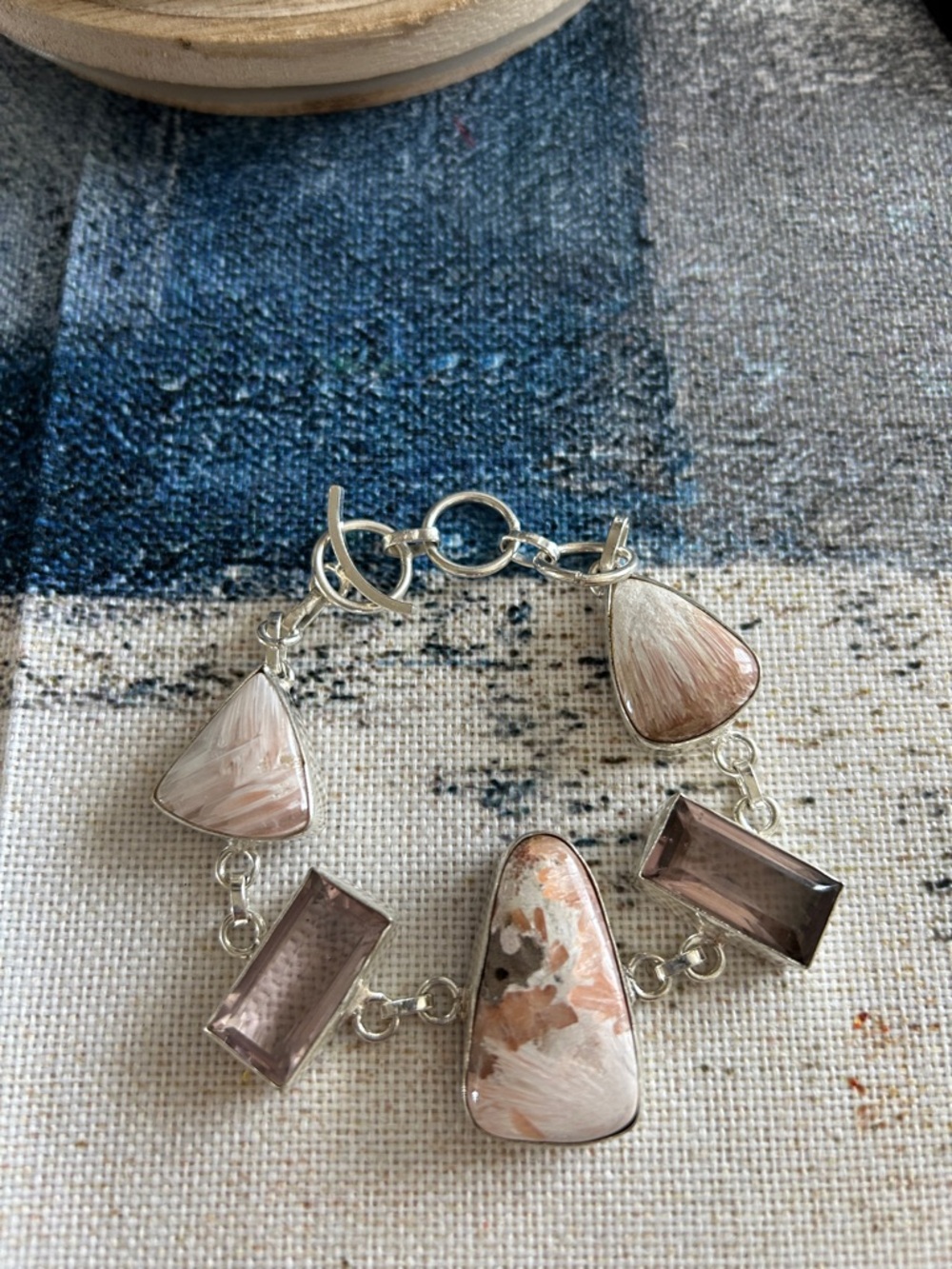 Sterling Silver Pink and Beige Stone Bracelet - Elegant Womens Jewelry - Picture 3 of 3